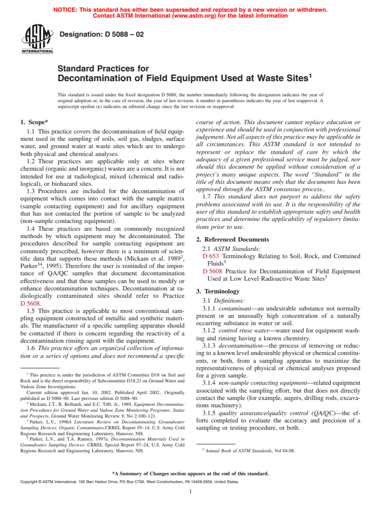 ASTM D5088-02 - Standard Practice for Decontamination of Field Equipment Used at Nonradioactive Waste Sites