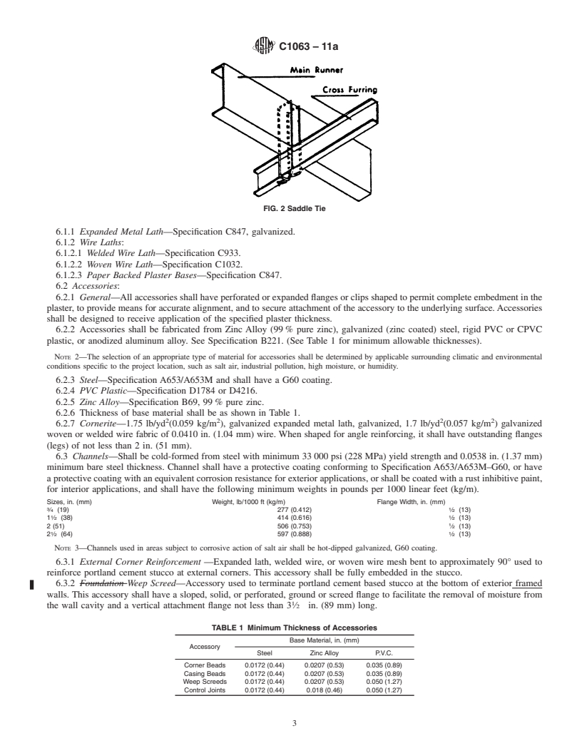 REDLINE ASTM C1063-11a - Standard Specification for Installation of Lathing and Furring to Receive Interior and Exterior Portland Cement-Based Plaster