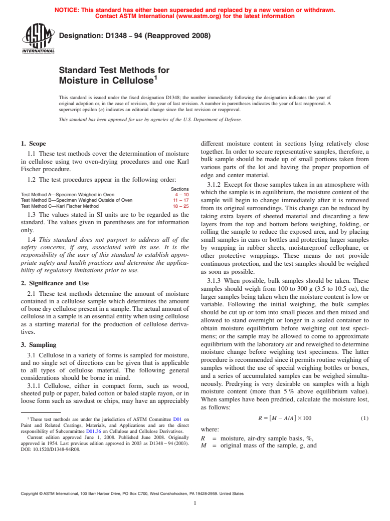 ASTM D1348-94(2008) - Standard Test Methods for  Moisture in Cellulose (Withdrawn 2017)