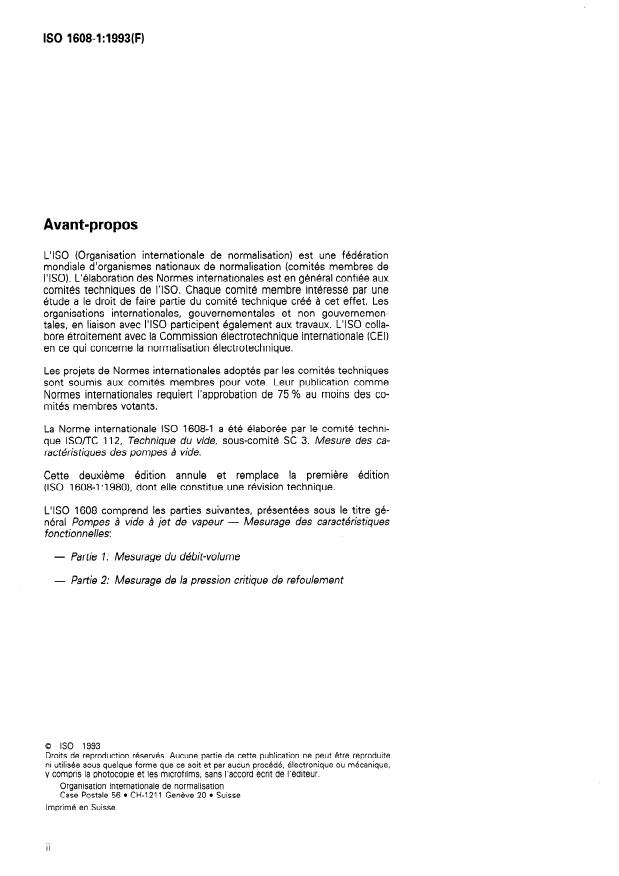 ISO 1608-1:1993 ISO 1608-1:1993 - Pompes a vide a jet de vapeur -- Mesurage des caractéristiques fonctionnelles - Page 2 preview