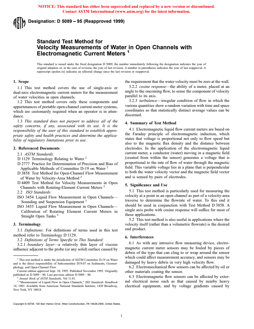 ASTM D5089-95(1999) - Standard Test Method for Velocity Measurements of Water in Open Channels with Electromagnetic Current Meters