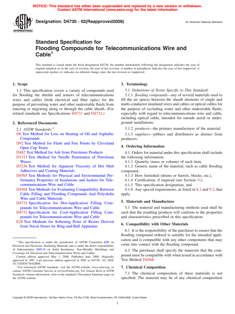 ASTM D4730-02(2008) - Standard Specification for Flooding Compounds for Telecommunications Wire and Cable