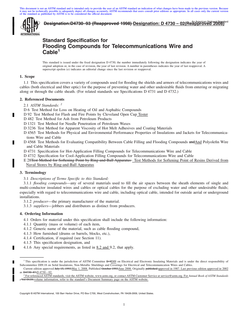 REDLINE ASTM D4730-02(2008) - Standard Specification for Flooding Compounds for Telecommunications Wire and Cable