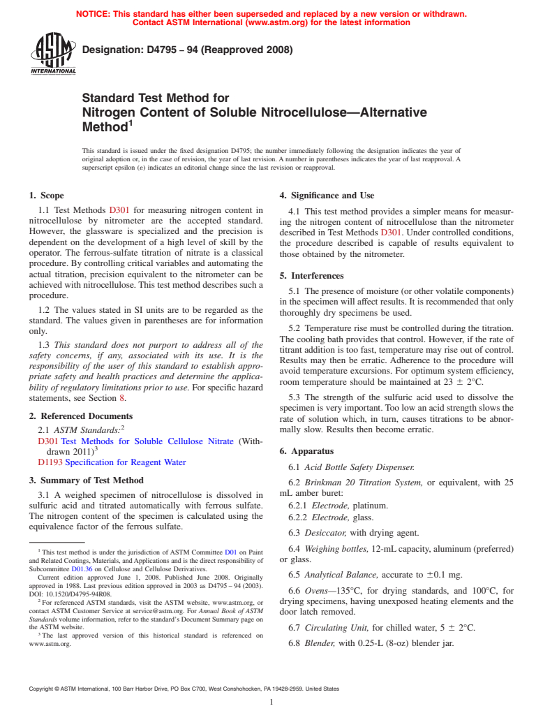 ASTM D4795-94(2008) - Standard Test Method for Nitrogen Content of Soluble Nitrocellulose<span class='unicode'>&#x2014;</span>Alternative Method (Withdrawn 2017)