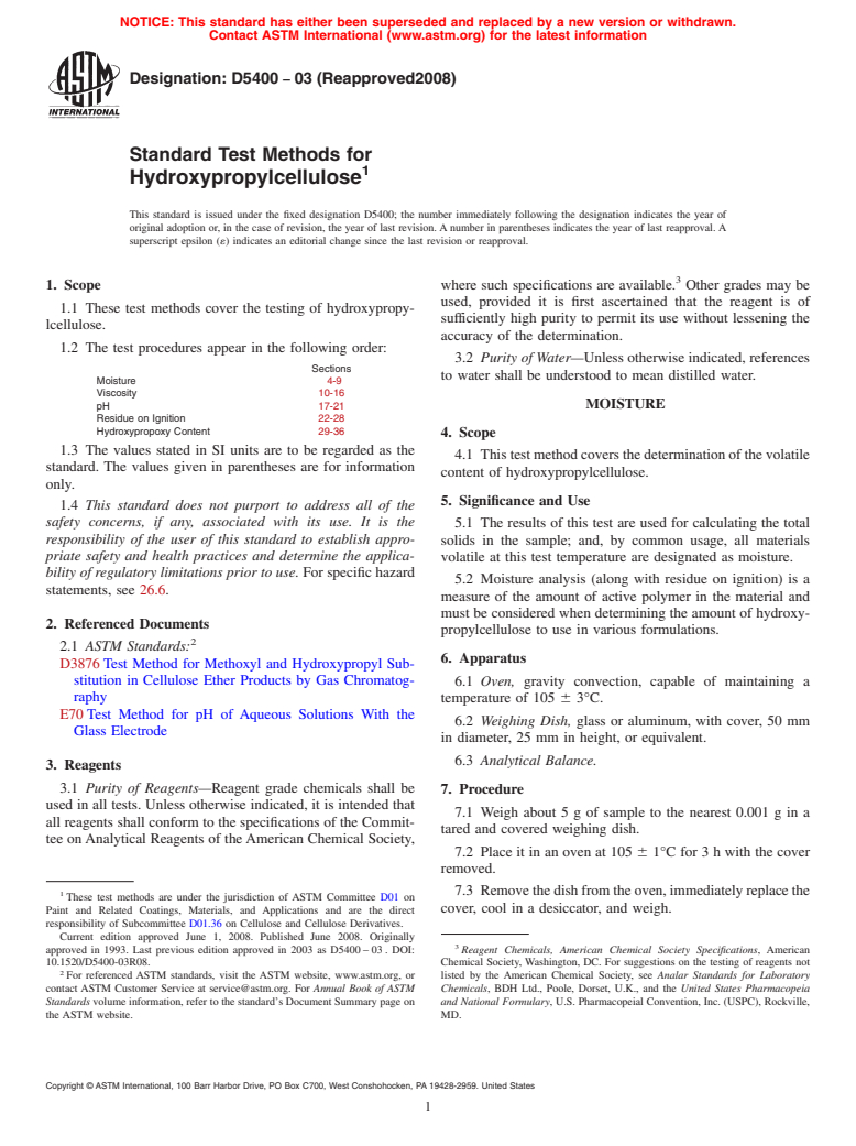 ASTM D5400-03(2008) - Standard Test Methods for Hydroxypropylcellulose