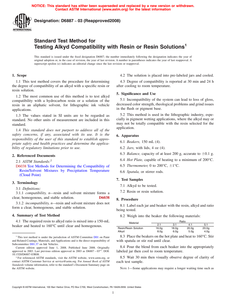 ASTM D6887-03(2008) - Standard Test Method for Testing Alkyd Compatibility with Resin or Resin Solutions