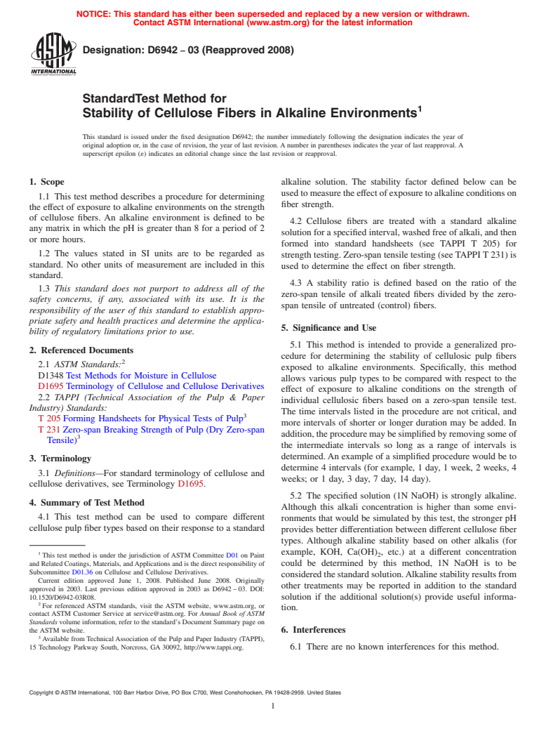 ASTM D6942-03(2008) - Standard Test Method for Stability of Cellulose Fibers in Alkaline Environments