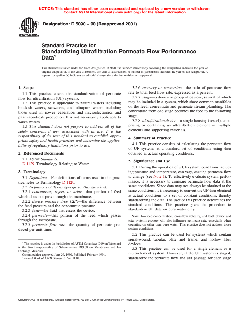 ASTM D5090-90(2001) - Standard Practice for Standardizing Ultrafiltration Permeate Flow Performance Data