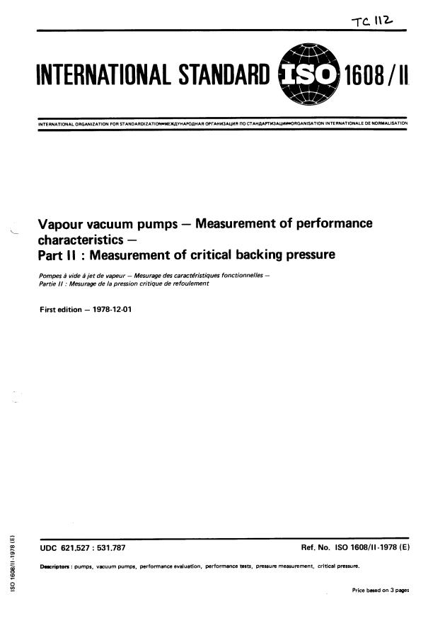 ISO 1608-2:1978 - Vapour vacuum pumps -- Measurement of performance characteristics