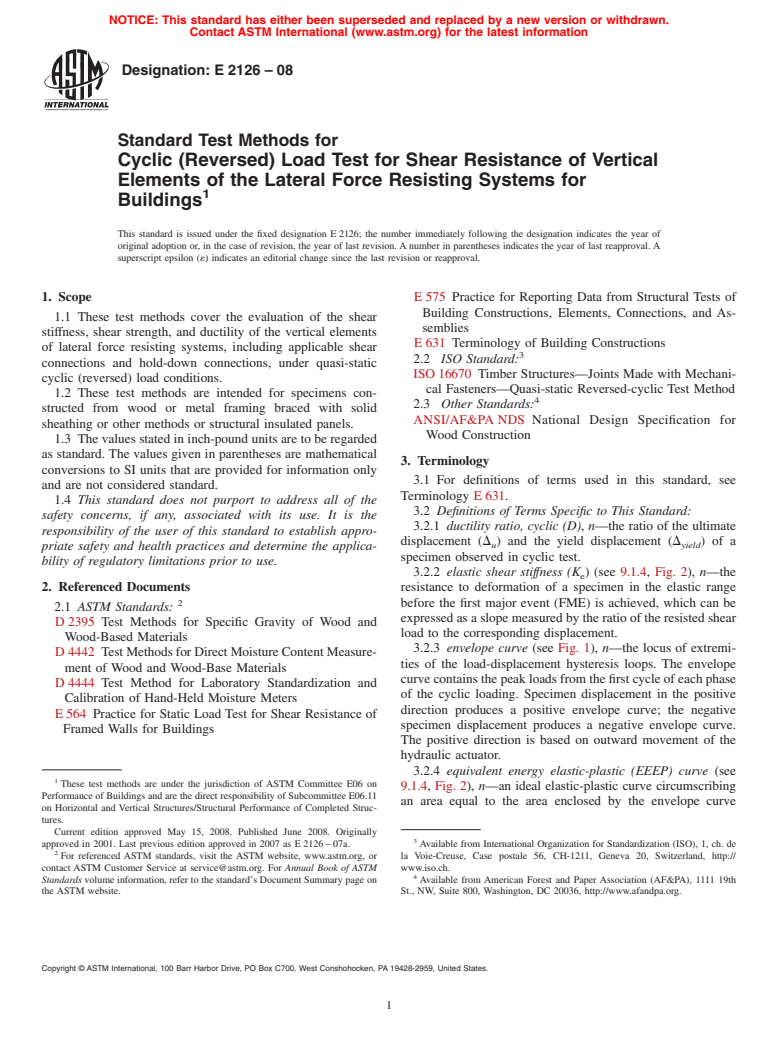 ASTM E2126-08 - Standard Test Methods for Cyclic (Reversed) Load Test for Shear Resistance of Vertical Elements of the Lateral Force Resisting Systems for Buildings