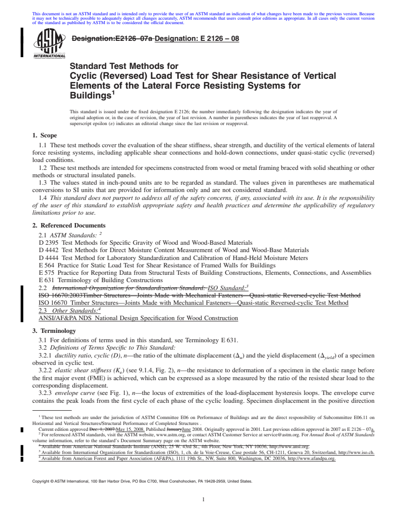 REDLINE ASTM E2126-08 - Standard Test Methods for Cyclic (Reversed) Load Test for Shear Resistance of Vertical Elements of the Lateral Force Resisting Systems for Buildings