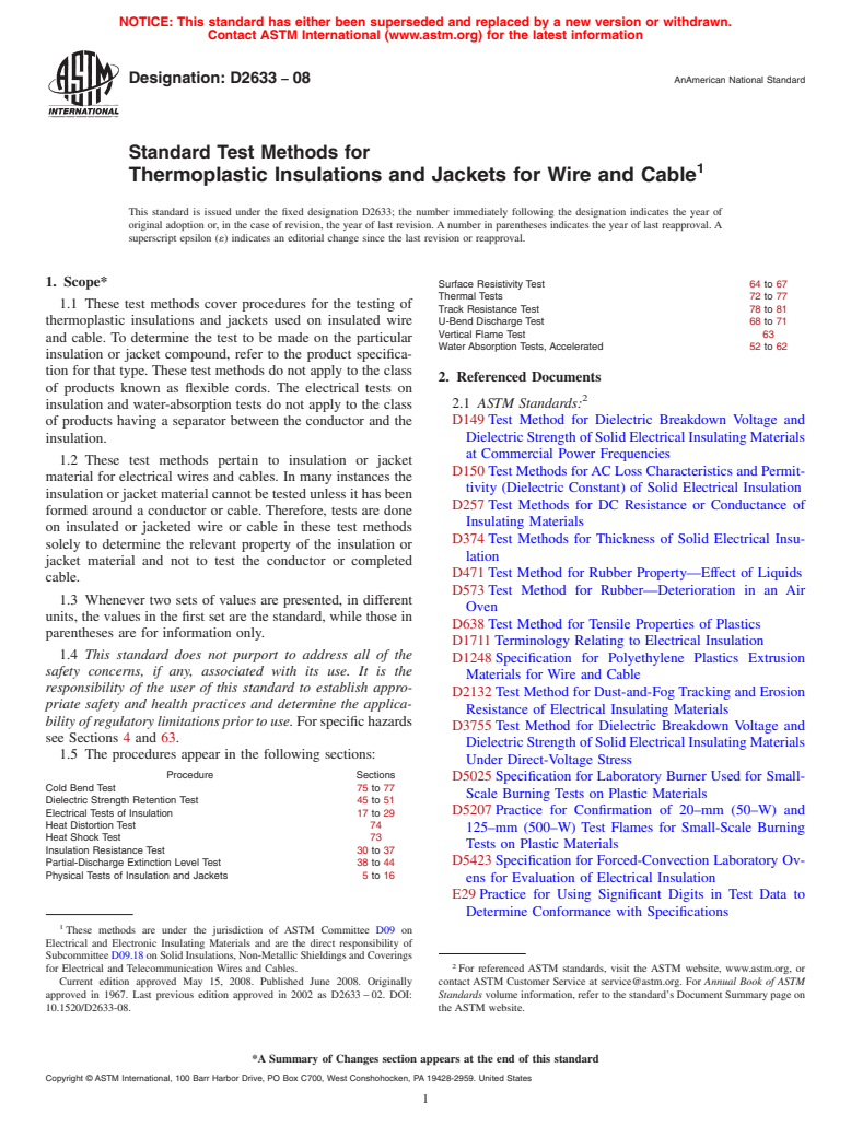 ASTM D2633-08 - Standard Test Methods for  Thermoplastic Insulations and Jackets for Wire and Cable