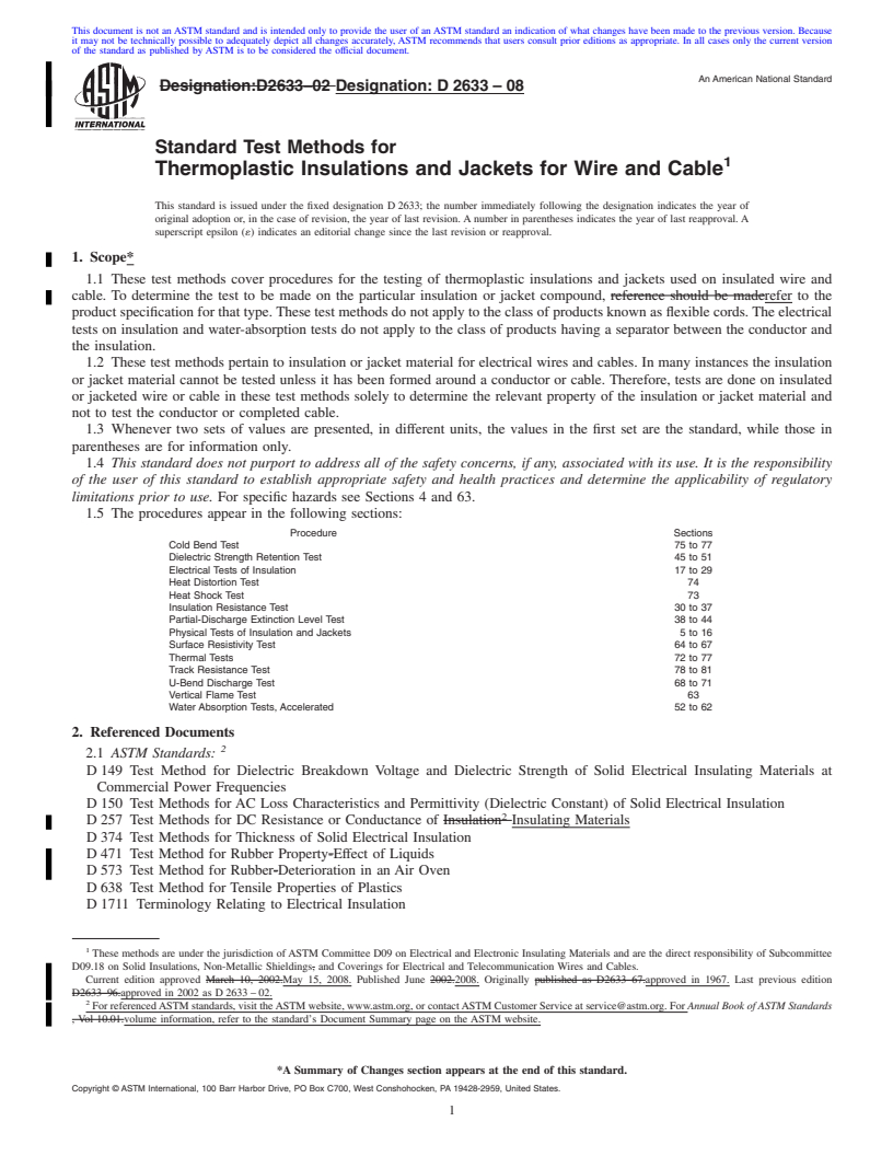 REDLINE ASTM D2633-08 - Standard Test Methods for  Thermoplastic Insulations and Jackets for Wire and Cable