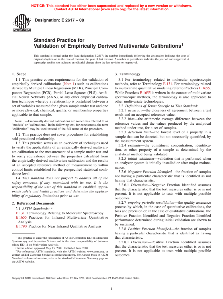 ASTM E2617-08 - Standard Practice for Validation of Empirically Derived Multivariate Calibrations