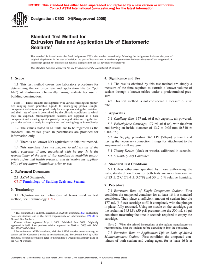 ASTM C603-04(2008) - Standard Test Method for Extrusion Rate and Application Life of Elastomeric Sealants