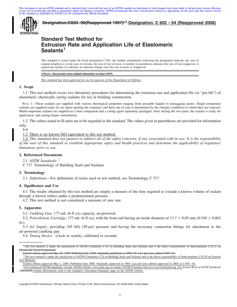 REDLINE ASTM C603-04(2008) - Standard Test Method for Extrusion Rate and Application Life of Elastomeric Sealants