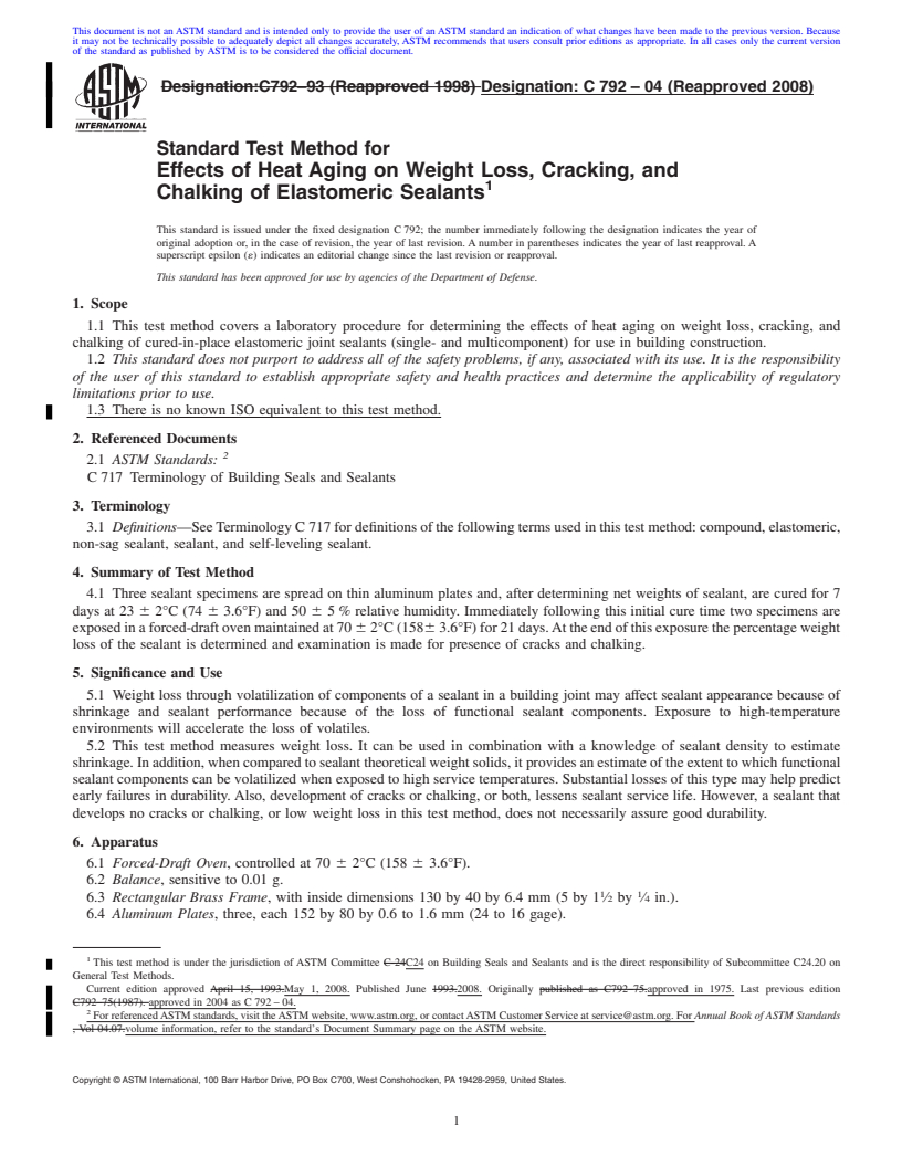 REDLINE ASTM C792-04(2008) - Standard Test Method for  Effects of Heat Aging on Weight Loss, Cracking, and Chalking of Elastomeric Sealants