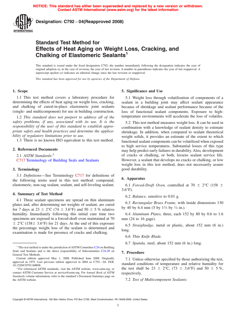 ASTM C792-04(2008) - Standard Test Method for  Effects of Heat Aging on Weight Loss, Cracking, and Chalking of Elastomeric Sealants