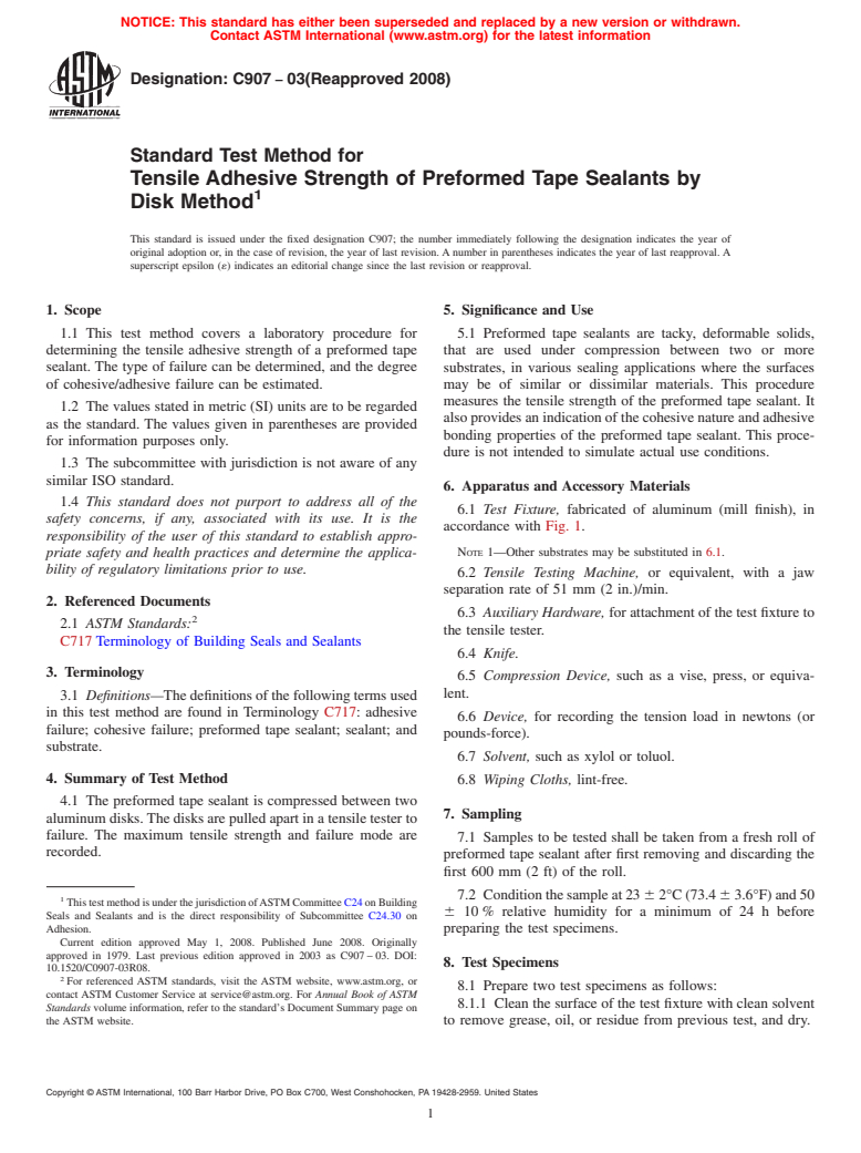 ASTM C907-03(2008) - Standard Test Method for  Tensile Adhesive Strength of Preformed Tape Sealants by Disk Method