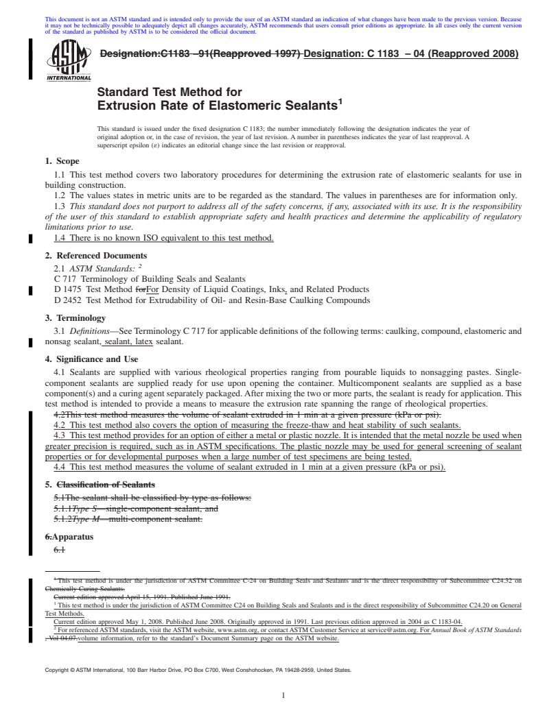 REDLINE ASTM C1183-04(2008) - Standard Test Method for Extrusion Rate of Elastomeric Sealants