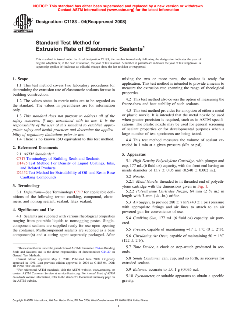 ASTM C1183-04(2008) - Standard Test Method for Extrusion Rate of Elastomeric Sealants