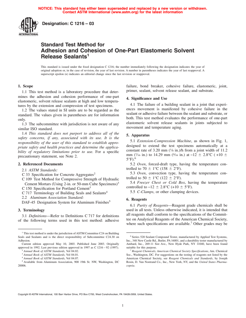 ASTM C1216-03 - Standard Test Method for Adhesion and Cohesion of One-Part Elastomeric Solvent Release Sealants