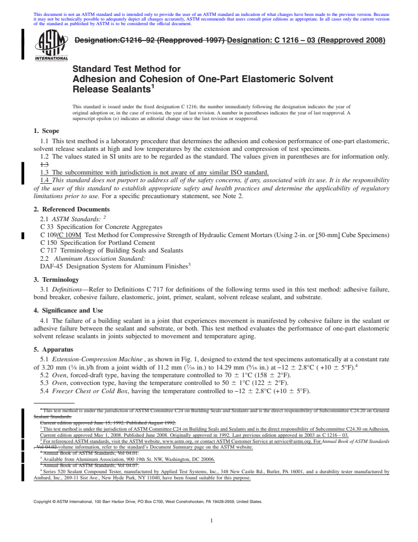 REDLINE ASTM C1216-03(2008) - Standard Test Method for Adhesion and Cohesion of One-Part Elastomeric Solvent Release Sealants