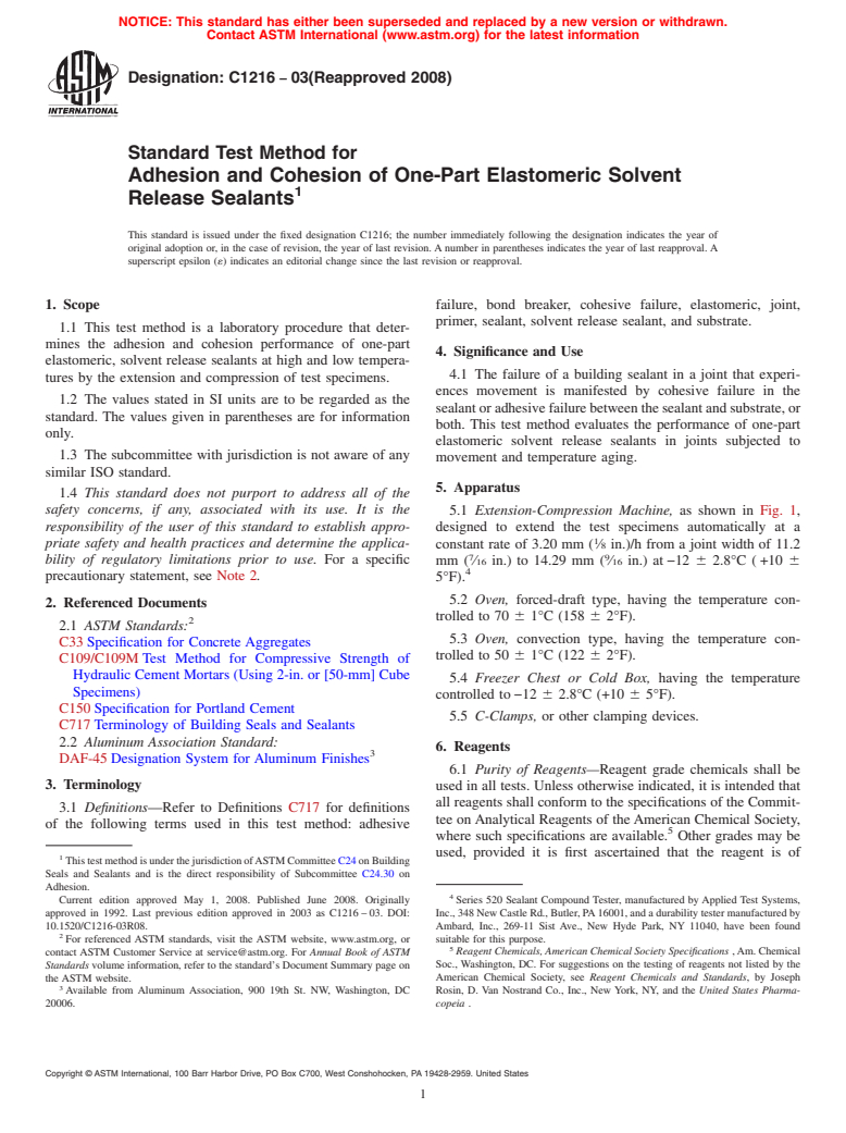 ASTM C1216-03(2008) - Standard Test Method for Adhesion and Cohesion of One-Part Elastomeric Solvent Release Sealants