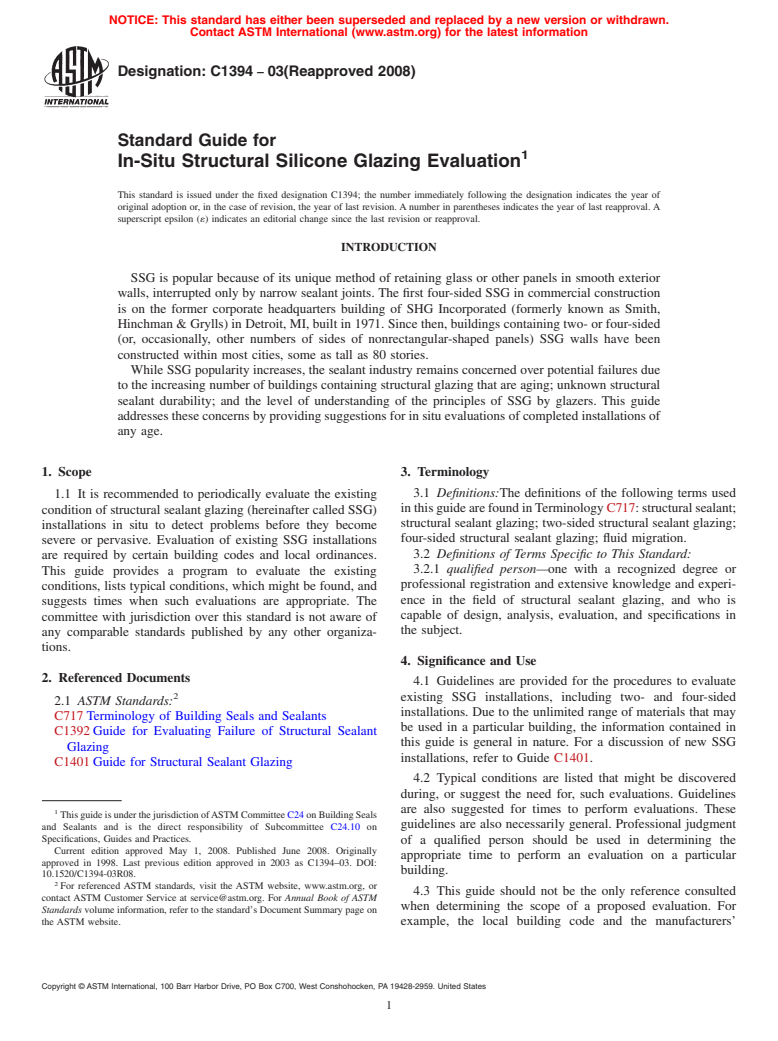 ASTM C1394-03(2008) - Standard Guide for In-Situ Structural Silicone Glazing Evaluation