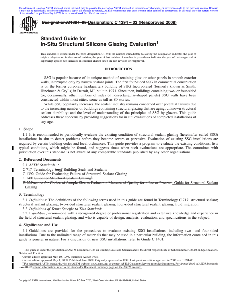 REDLINE ASTM C1394-03(2008) - Standard Guide for In-Situ Structural Silicone Glazing Evaluation