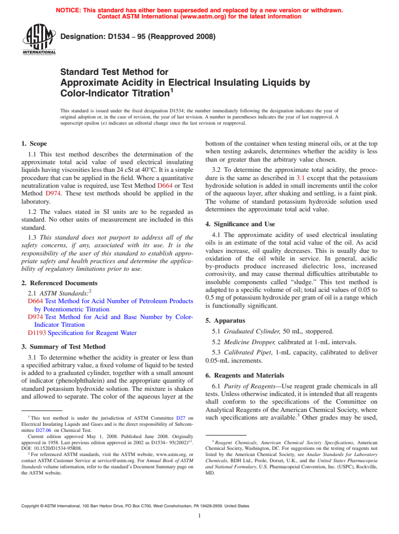 ASTM D1534-95(2008) - Standard Test Method for  Approximate Acidity in Electrical Insulating Liquids by Color-Indicator Titration