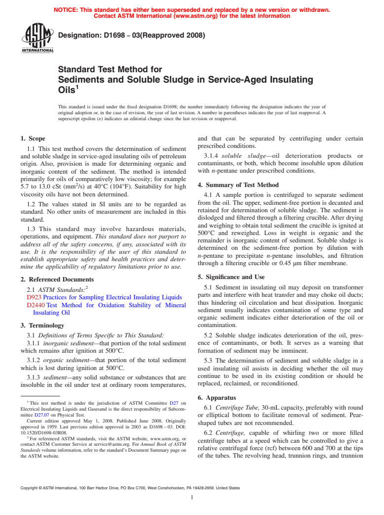 ASTM D1698-03(2008) - Standard Test Method for  Sediments and Soluble Sludge in Service-Aged Insulating Oils (Withdrawn 2014)