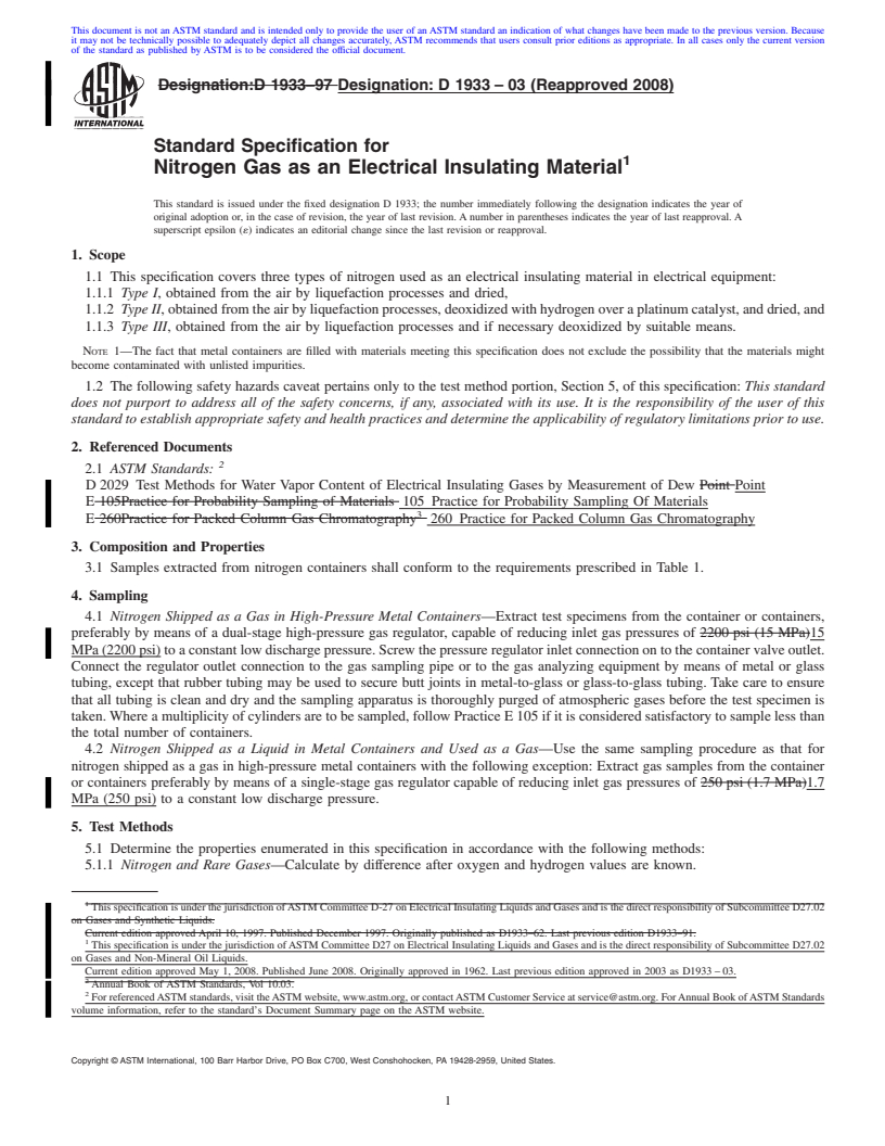 REDLINE ASTM D1933-03(2008) - Standard Specification for  Nitrogen Gas as an Electrical Insulating Material