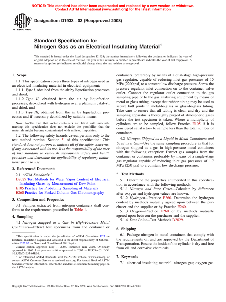 ASTM D1933-03(2008) - Standard Specification for  Nitrogen Gas as an Electrical Insulating Material