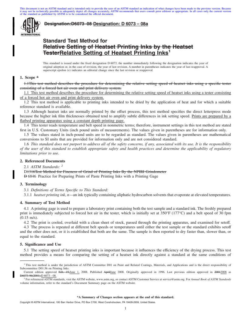 REDLINE ASTM D6073-08a - Standard Test Method for  Relative Setting of Heatset Printing Inks