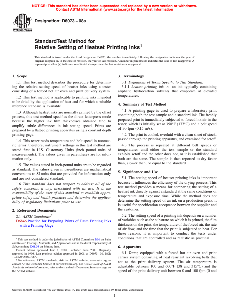 ASTM D6073-08a - Standard Test Method for  Relative Setting of Heatset Printing Inks