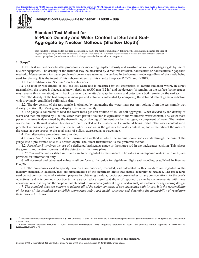 REDLINE ASTM D6938-08a - Standard Test Method for In-Place Density and Water Content of Soil and Soil-Aggregate by Nuclear Methods (Shallow Depth)