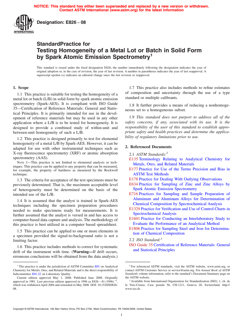 ASTM E826-08 - Standard Practice for Testing Homogeneity of a Metal Lot or Batch in Solid Form by Spark Atomic Emission Spectrometry