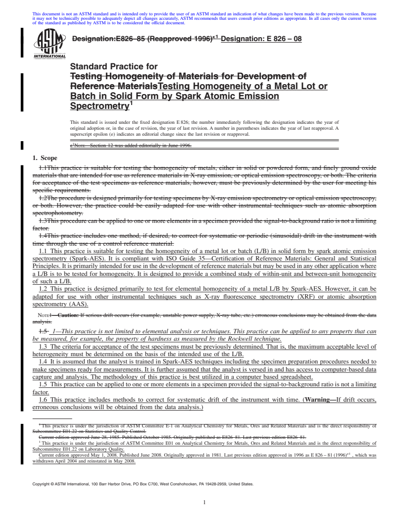 REDLINE ASTM E826-08 - Standard Practice for Testing Homogeneity of a Metal Lot or Batch in Solid Form by Spark Atomic Emission Spectrometry