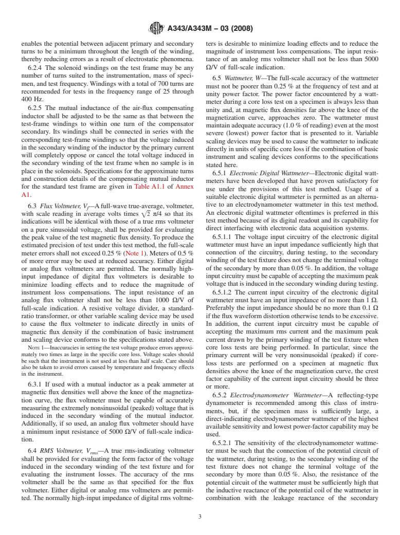 ASTM A343/A343M-03(2008) - Standard Test Method for Alternating-Current Magnetic Properties of Materials at Power Frequencies Using Wattmeter-Ammeter-Voltmeter Method and 25-cm Epstein Test Frame