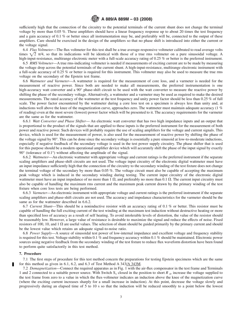 REDLINE ASTM A889/A889M-03(2008) - Standard Test Method for Alternating-Current Magnetic Properties of Materials at Low Magnetic Flux Density Using the Voltmeter-Ammeter-Wattmeter-Varmeter Method and 25-cm Epstein Frame