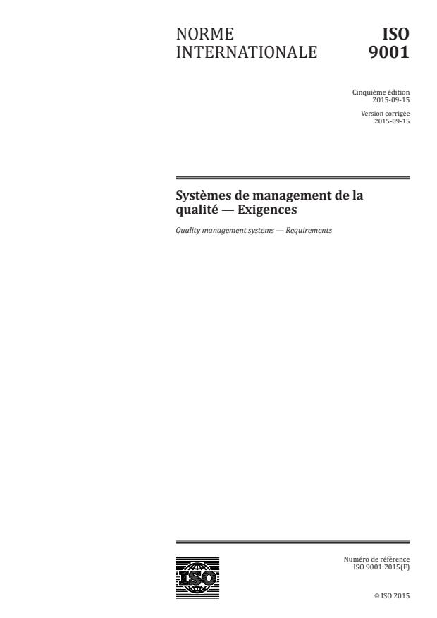 ISO 9001:2015 - Systemes de management de la qualité -- Exigences