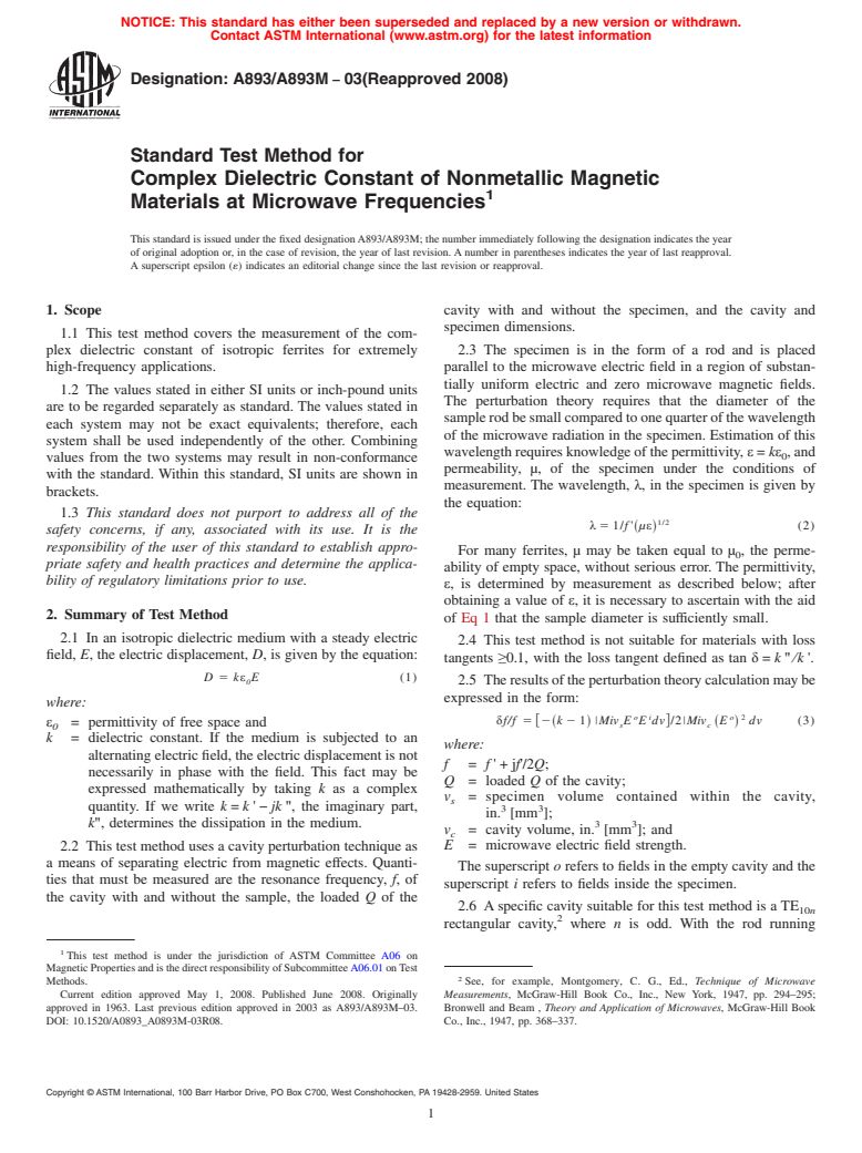 ASTM A893/A893M-03(2008) - Standard Test Method for Complex Dielectric Constant of Nonmetallic Magnetic Materials at Microwave Frequencies