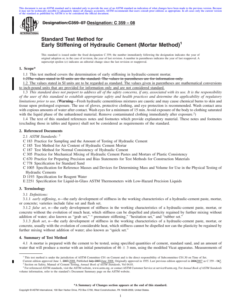 REDLINE ASTM C359-08 - Standard Test Method for  Early Stiffening of Hydraulic Cement (Mortar Method)