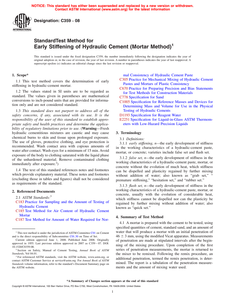 ASTM C359-08 - Standard Test Method for  Early Stiffening of Hydraulic Cement (Mortar Method)