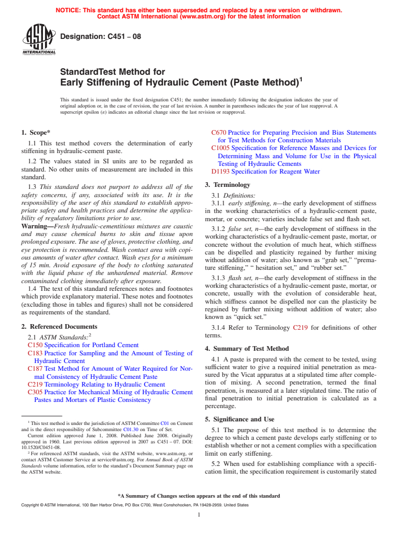 ASTM C451-08 - Standard Test Method for  Early Stiffening of Hydraulic Cement (Paste Method)