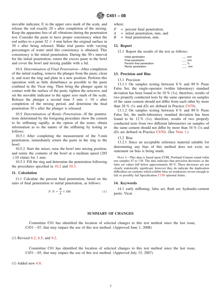 ASTM C451-08 - Standard Test Method for  Early Stiffening of Hydraulic Cement (Paste Method)