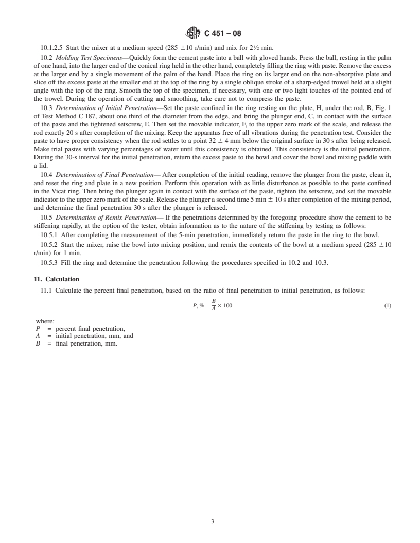 REDLINE ASTM C451-08 - Standard Test Method for  Early Stiffening of Hydraulic Cement (Paste Method)