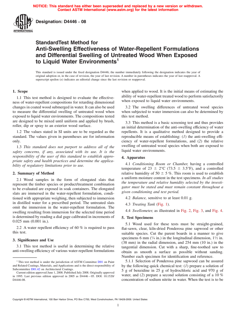 ASTM D4446-08 - Standard Test Method for  Anti-Swelling Effectiveness of Water-Repellent Formulations and Differential   Swelling of Untreated Wood When Exposed to Liquid Water Environments