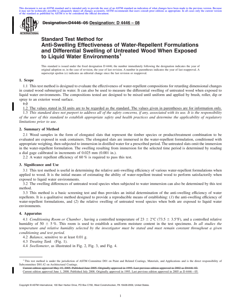 REDLINE ASTM D4446-08 - Standard Test Method for  Anti-Swelling Effectiveness of Water-Repellent Formulations and Differential   Swelling of Untreated Wood When Exposed to Liquid Water Environments